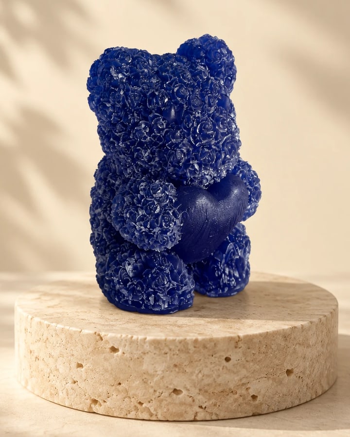 Oso de jabón azul índigo con textura de rosas, sobre un podio de travertino con sombra de hojas; imagen de estudio hecha a partir de la foto real.